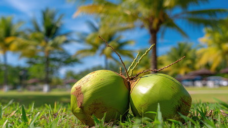 Two fresh green coconuts rest on vibrant green grass, with a blurred backdrop of palm trees and a bright blue sky. The composition uses natural lighting and a shallow depth of field. Suitable for illustrating tropical themes or food-related content, and commercial uses.の素材