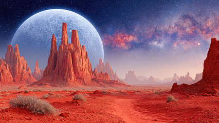 A digitally rendered landscape presents red rock structures under a large, luminous orb. The scene features an expansive desert terrain and a colorful sky. The artwork showcases rich textures and dramatic lighting. It could be used for science fiction illustrations, background designs, or thematic artistic projects.の素材