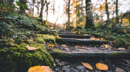 A winding stone staircase ascends through a dense, green forest environment. Moss covers the steps and surrounding terrain, with scattered fallen leaves. The warm sunlight filters through the tree canopy, creating an inviting and natural scene suitable for various commercial and editorial uses. The composition focuses on depth and perspective.の素材