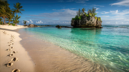 A vibrant scene captures a sandy beach with footprints leading to the crystal-clear turquoise water. An island formation, adorned with greenery, sits in the distance. The composition features natural sunlight and a serene environment. This image can be used for travel brochures, websites, or various editorial projects.の素材