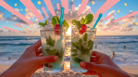 Two cocktails are raised in front of a beach during a sunset. The image presents a close-up shot with a focus on the drinks, highlighting clear glasses with mint leaves and red cherries. The style is vibrant and colorful, with a soft, warm lighting casting on the subject. Suitable for advertisement and promotional use.の素材