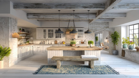 This image showcases a modern kitchen design featuring wooden beams, a central island, and pendant lights. The room displays bright, neutral tones, with sunlight streaming through large windows. This composition could be suitable for architectural or lifestyle applications. It provides a sense of space and a clean, inviting atmosphere.の素材
