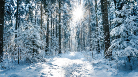 A winter scene depicts a snow-covered path winding through a dense forest. Tall trees laden with snow create a monochromatic effect, accentuated by bright sunlight. The composition features overhead lighting and evokes a sense of tranquility. This image could be used in various commercial projects for seasonal themes.の素材