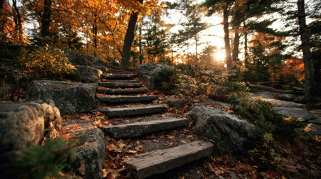 An upward stone staircase winds through a forest, framed by large rocks and fallen leaves. Warm autumn colors of gold and brown dominate the scene, illuminated by sunlight. The natural composition hints at a peaceful, inviting environment suitable for various editorial and commercial projects.の素材