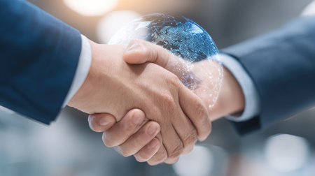 This image features two hands clasped in a handshake with a superimposed graphic of the globe between them. The composition uses a shallow depth of field with soft lighting. The overall impression suggests collaboration and agreement suitable for editorial and commercial projects.の素材
