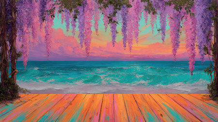 A colorful painting depicts a seaside scene with a wooden deck in the foreground. Overhead, cascading wisteria flowers frame a view of the ocean under a colorful sky. The artwork features vibrant colors and brushstrokes, creating a dreamy atmosphere suitable for various commercial and editorial projects.の素材