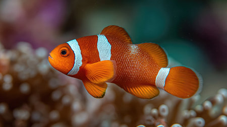 A close-up showcases a clownfish swimming near coral. The fish presents a striking orange and white striped pattern, set against blurred natural textures. The underwater lighting creates a soft, diffused ambiance. Suitable for use in educational materials and nature-themed projects, and various commercial applications.の素材