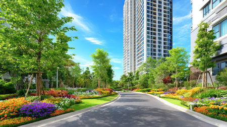 A wide road leads through a landscaped area, flanked by vibrant flowers and trees. A tall building rises in the background under a clear blue sky. The composition features natural light and a sense of openness. It is suitable for various commercial uses, including architectural and environmental themes.の素材
