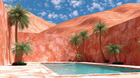 This image showcases a tranquil scene of a swimming pool surrounded by a reddish-orange desert landscape. Palm trees provide a sense of shade and oasis in this outdoor setting. The composition uses soft textures and lighting under a blue sky, suitable for various commercial and editorial applications.の素材