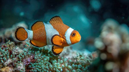 This image showcases a vividly colored clownfish, featuring a striking orange and white pattern. The fish is situated in a marine environment, near a coral reef with diverse textures and shades. The scene is bathed in natural light, creating a sense of depth. Suitable for projects related to marine biology and educational materials.の素材