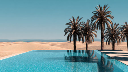 An inviting pool reflects the clear sky, set against a backdrop of desert sand dunes and lush palm trees. The composition features a serene atmosphere with soft colors and natural light, ideal for representing vacation themes. This image is suited for visual content and adaptable for advertising purposes.の素材