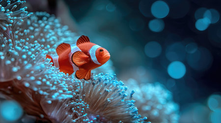 A colorful clownfish is showcased amid a sea anemone in this captivating underwater view. The image presents vivid orange and white hues against a blue background, with the soft texture of the anemone providing contrast. The composition is suggestive of a marine environment, potentially suitable for various editorial or commercial projects.の素材