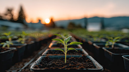 A small, green plant sits in a black container, set against a vibrant sunset. The image showcases rows of similar containers, and a blurred background. The warm color palette and shallow depth of field emphasize the plant. Suitable for illustrating growth or environmental themes in editorial or commercial contexts.の素材