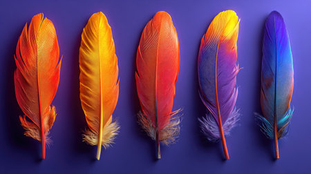 Five vividly colored feathers are displayed against a deep purple background. The feathers exhibit a range of warm and cool tones, blending orange, yellow, red, purple, and blue. The composition emphasizes textures and detail, suggesting studio lighting and suitability for diverse creative projects and graphic design applications.の素材