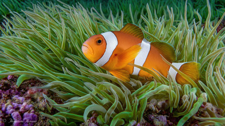 A colorful clownfish with orange and white markings rests amongst green anemone tentacles. The underwater scene showcases bright colors and detailed textures. It has a composition of aquatic life. The image is suitable for various applications including educational materials and website content.の素材