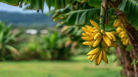 This image showcases ripe yellow bananas clustered on a tree branch. The composition highlights the fruit against a backdrop of green foliage and a blurred landscape. The scene is illuminated by natural sunlight, suggesting an outdoor environment. Suitable for various commercial applications, this image offers a vibrant representation of nature.の素材