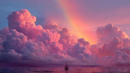 This image showcases a sailboat navigating calm water beneath a breathtaking display of pink and purple clouds, and a radiant rainbow. The composition features a dramatic sky with soft textures and warm lighting. Suitable for various editorial or commercial applications, the scene evokes feelings of tranquility.の素材