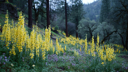 A lush landscape displays a field of bright yellow wildflowers, contrasting with the greens and browns of the surrounding trees and foliage. The composition captures a low-angle perspective, with soft lighting throughout. This image could be used for commercial projects highlighting nature or botanical themes.の素材