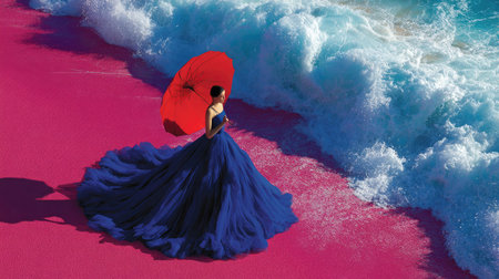 A woman in a vibrant blue dress stands on a bright pink beach, holding a red umbrella. The composition features the azure waves of the ocean crashing onto the shore. The image uses strong color contrasts with bright lighting. This could be used for fashion or travel related commercial projects.の素材
