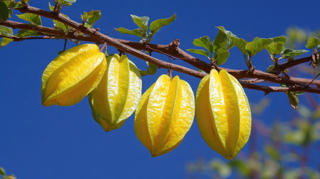 This image features several ripe star fruits hanging from a tree branch. The fruits display a vivid yellow color and distinctive star shape, contrasting against a bright blue sky. The composition highlights natural sunlight, suggesting an outdoor setting suitable for various editorial and commercial applications.の素材