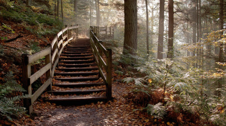 A wooden staircase climbs through a dense forest environment. The scene displays autumn colors with brown leaves on the ground. Soft sunlight filters through the trees, illuminating the path. The composition may be used for illustrating nature, travel, or other relevant themes.の素材