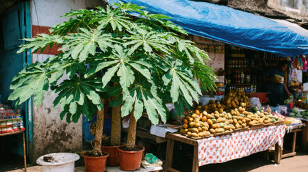 A healthy papaya tree with lush green leaves stands beside a table laden with yellow fruits. The scene features a colorful fruit stand beneath a blue awning. The composition benefits from natural sunlight. This image could be utilized in various commercial and editorial projects.の素材