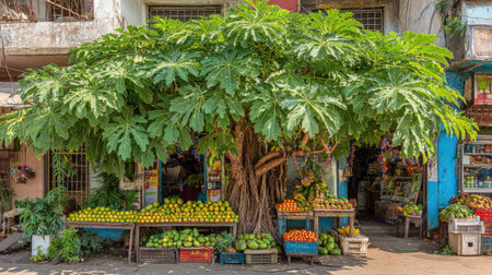 A bustling fruit stand displays an array of fresh produce beneath a large tree with vibrant green leaves. The scene is bathed in natural light, highlighting the colors of oranges, lemons, and other fruits. The composition suggests a local market setting, possibly used for editorial content or commercial projects.の素材