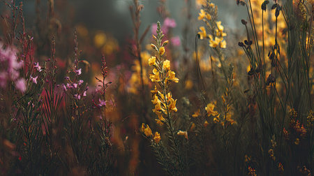 The image features a field of wildflowers in various colors, predominantly yellow and purple. The composition emphasizes the natural textures and forms of the plants, with a soft focus creating a dreamy atmosphere. It uses natural lighting, suggesting an outdoor setting. Suitable for nature-related projects or editorial use.の素材