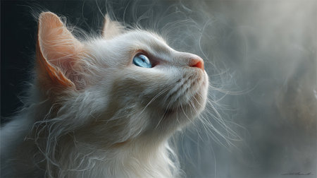 A close-up portrays a white cat gazing upwards. The cat displays fluffy, textured fur and bright blue eyes, highlighted by soft lighting. The composition emphasizes details such as a pink nose and ear. This image would be suitable for commercial projects involving pets, animal care, or artistic design.の素材