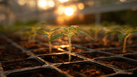 A close-up shows several young plants emerging from the soil within a container. The scene is bathed in warm sunlight, creating a soft glow and highlighting the textures. This image, with its natural tones and composition, could be used to illustrate themes of growth, agriculture, or the environment in various visual projects.の素材