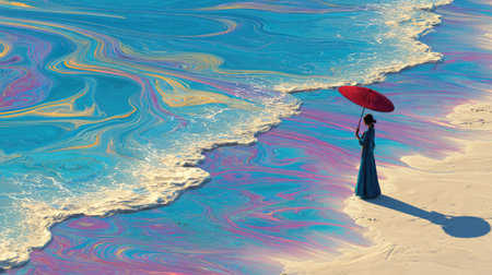 A woman stands on a sandy beach, holding a red umbrella against a vibrant, swirling ocean. The water displays a mix of blue, pink, and yellow hues, creating a surreal effect. The composition features overhead lighting, suggesting a sunny day and a tranquil outdoor environment. Suitable for various commercial applications.の素材