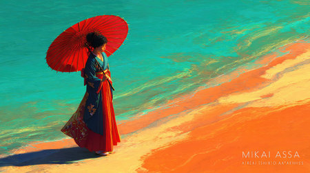 A woman in elaborate traditional clothing stands on a colorful beach, holding a red parasol. The scene features a turquoise sea, orange sand, and an artistic style with visible brushstrokes. Overhead lighting creates a sense of warmth and invites viewers to imagine a tropical location. This image is suitable for various commercial applications.の素材