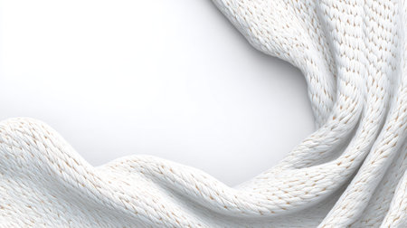 A close-up view showcases a folded white knitted textile. The soft fabric curves across a white surface. The image uses neutral tones and overhead lighting. This visual could be used for design projects, product presentations, or general artistic applications.の素材