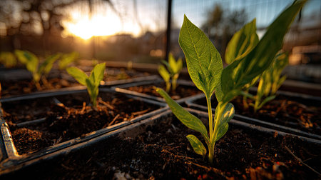 Close-up view shows young plants thriving in small containers. The scene displays the plants' green leaves contrasted against dark soil, with soft light and warm tones from the setting sun. Suitable for illustrating concepts related to agriculture, growth, or environmental topics. Can be used for commercial purposes.の素材