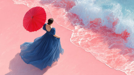 A woman stands near the water's edge, holding a red umbrella, wearing a flowing blue dress. The image has a vibrant color palette of pink, blue, and white. The artistic style appears digital with a focus on light and shadow, the image could be used for advertising or creative projects.の素材