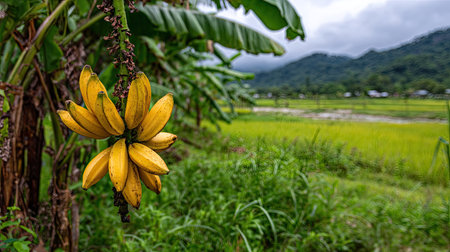 A cluster of ripe, yellow bananas hangs in the foreground against a backdrop of a lush green field and distant mountains. The image displays a naturalistic style with soft lighting, focusing on organic textures. This scene evokes a sense of nature and growth, suitable for illustrating topics related to agriculture or the environment.の素材