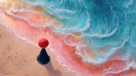An overhead shot reveals a woman beneath a red umbrella on a sandy beach. Turquoise and white waves gently roll toward the shore. The scene features a blend of blue, pink, and gold hues. This image may suit promotional materials and travel publications.の素材