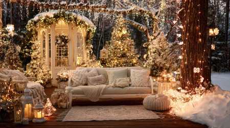 This image showcases a winter scene with Christmas decorations. A seating area, adorned with pillows and throws, sits amidst decorated trees and structures. Soft lighting creates a warm ambiance, and the composition suggests a festive setting. The image is well-suited for various editorial and commercial applications, including holiday-themed projects.の素材