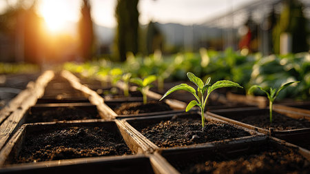 Small plants are featured growing in individual containers, set in rows. Warm sunlight bathes the scene, creating an inviting ambiance. The image displays a naturalistic setting, suggesting a nurturing environment for the growth. Suitable for illustrative purposes, educational materials, and themes related to nature.の素材