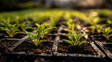 Close-up view shows several small plants emerging from dark soil inside a plastic tray. The leaves are a vibrant green, contrasted by the brown earth. Soft sunlight bathes the scene, creating a warm and inviting atmosphere. This image may be suitable for agricultural, environmental, or gardening themes.の素材