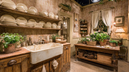 A warm-toned interior presents a classic kitchen scene with wooden cabinets and shelves holding various white dishes. A farmhouse sink is featured, complemented by decorative plants. Soft lighting and natural textures create a cozy atmosphere, ideal for editorial and commercial use.の素材