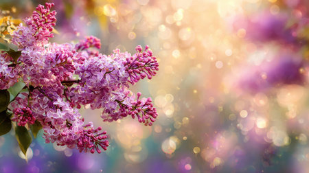Close-up view of lilac flowers in full bloom. The image displays a soft focus background of bokeh lights. The composition features a natural, outdoor setting. It may be suitable for various commercial applications related to nature, beauty, or floral design.の素材