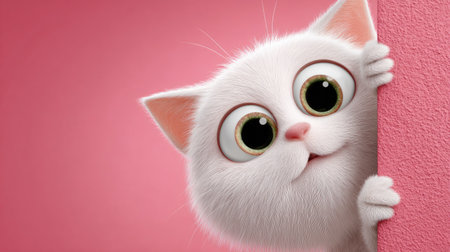 A white animated cat with large eyes peeks around a pink wall. The image features a cartoon style, with soft textures and simple composition, highlighting the subject against a monochromatic background. This image could be used in various commercial applications, including advertising and design projects.の素材