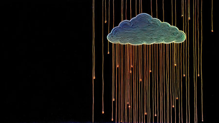A stylized cloud image is presented with vertical lines resembling rain against a dark background. The cloud displays various colors. The image has a conceptual nature, with potential applications in graphic design, marketing materials, or illustrative contexts. The style is modern and the composition offers copy space.の素材