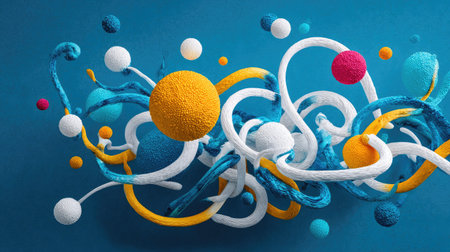 A vibrant composition features colorful spheres and intertwined, curving lines set against a blue background. The illustration uses various textures and a playful style with multiple colors including orange, white, and blue. The image may be used for advertising, design projects, or other creative applications.の素材