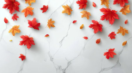 This image showcases vibrant red and orange autumn leaves scattered across a bright white surface. The composition features an overhead perspective with varying sizes of leaves. It suggests a clean, contemporary style, potentially suitable for various commercial applications, including design projects and seasonal content.の素材