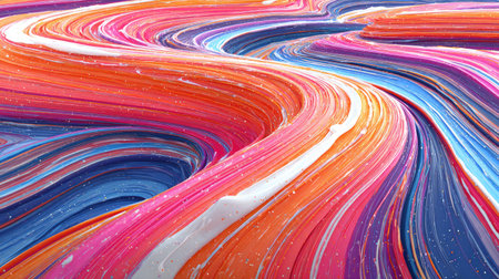 This image presents a dynamic display of flowing curves in a vibrant array of colors. The composition features a mix of orange, pink, and blue hues, blending seamlessly to create a textured, artistic effect. Ideal for various commercial and editorial uses, the design evokes a sense of movement and fluidity.の素材