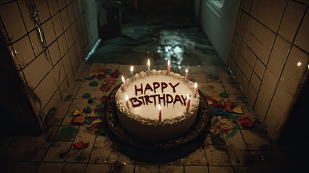 A frosted birthday cake with lit candles is centered in a dimly lit room. The cake sits on a round platter with a dark background. The scene features a low-angle perspective, with soft, warm light illuminating the cake. It is an ideal image for celebratory themes and concepts.の素材