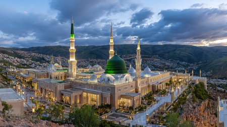 An architectural structure features multiple minarets and a central dome, illuminated against a twilight sky. The scene showcases the building's design with its detailed facade. The composition suggests an outdoor setting. This image could be utilized for architectural publications, cultural presentations, or travel-related content.の素材