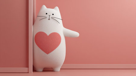 A cartoon cat figure stands against a soft pink wall, featuring a prominent red heart on its chest. The image displays a smooth, rounded style with a minimalist aesthetic. The lighting suggests a studio setup, emphasizing the character's endearing qualities. This image is suitable for various design projects, including print and digital media.の素材
